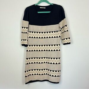 Ellison 100% Cotton Navy Ivory Puff Sleeve Sweater Sheath Dress M